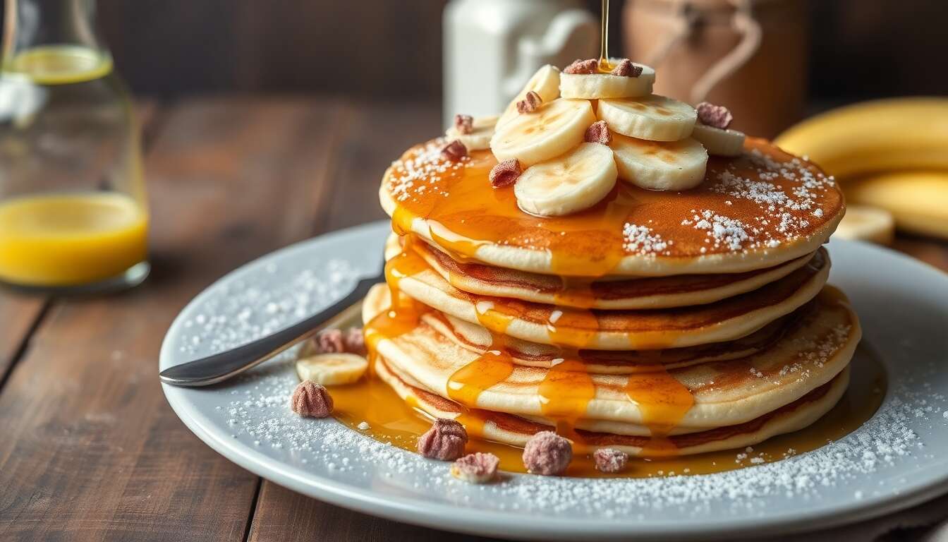 Pancakes rapides : recette aux pralines roses et à la banane