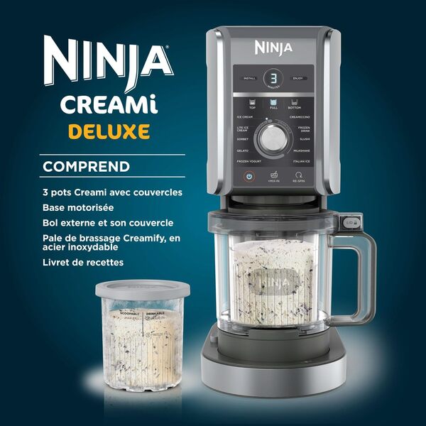 Ninja CREAMi Deluxe Sorbetière machine à desserts glacés 3 bacs, 10 fonctions,crème glacée, sorbets,yaourts glacés, des milkshakes, des slush et plus encore, option de saveur 2 en 1, argent, NC501EU