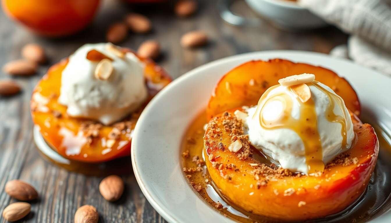 Pêches Rôties et Glace : recette Dessert Gourmand