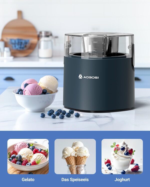 AAOBOSI Sorbetière : bac de congélation automatique à double isolation de 1,5 l, glace molle, gélato, sorbet, yaourt glacé avec minuteur
