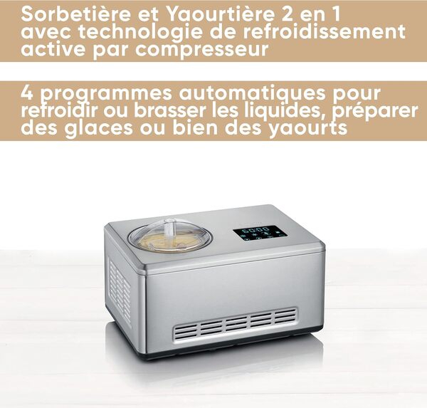 SEVERIN Sorbetière 2-en-1 180 W, Sorbetière électrique et yaourtière avec 2 récipients inclus, Machine à glace avec livre de recettes, inox, EZ 7406, Argent