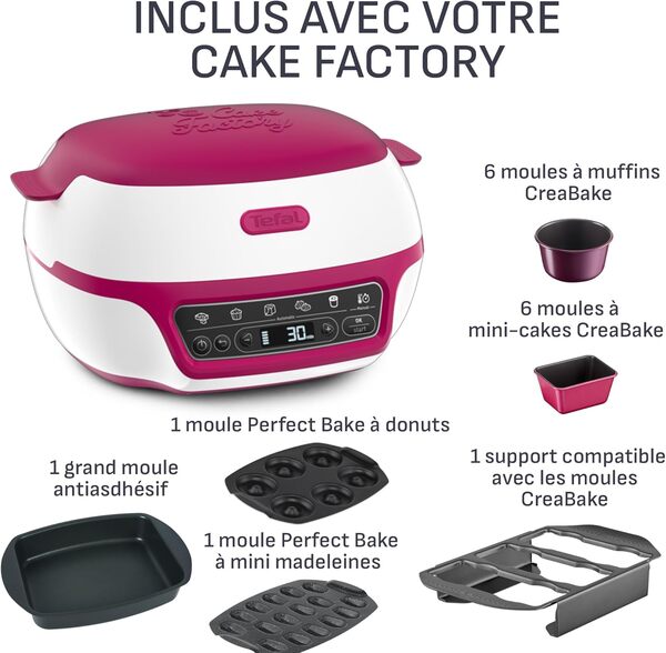 Tefal Cake Factory Délices, Four à gâteaux intelligent, 5 programmes auto + mode manuel, Moules muffins, cakes, madeleines et donuts inclus, YY5716FG