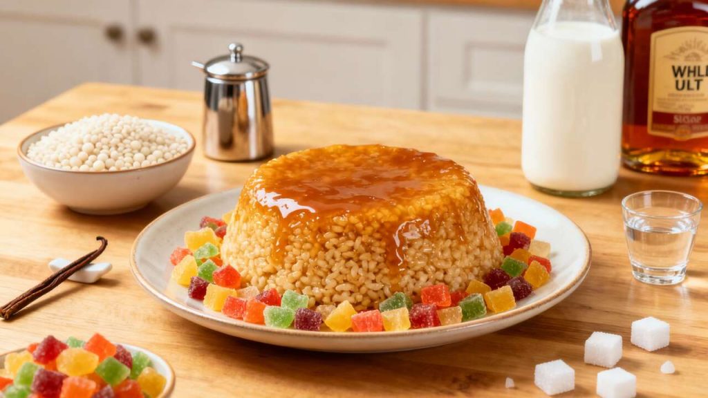 Gâteau de riz au caramel et fruits confits : recette gourmande