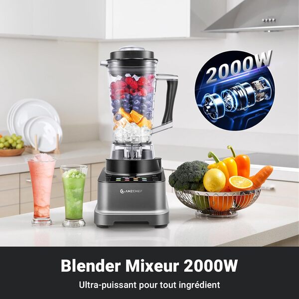 AMZCHEF 8-EN-1 Blender avec 8 Menus Préréglés et 10 Vitesses | Auto-IQ Blender Mixeur 2000W avec Écran Tactile LCD | 2L Mixer Blender Pour Smoothies, Broyage, Glace Pilée, Purée, Sauce | Gris