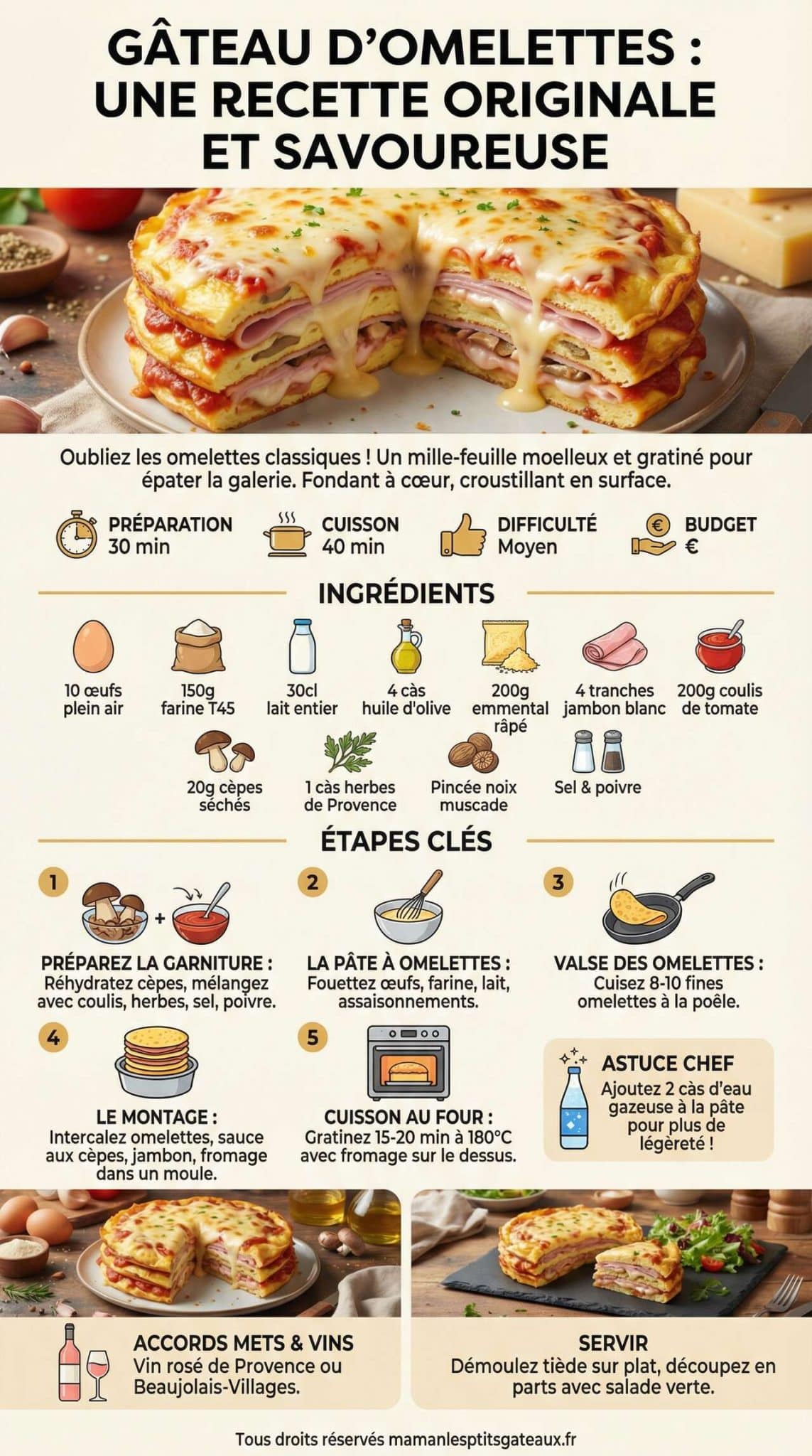 Infographie de la recette G&acirc;teau d'omelettes : une recette originale et savoureuse