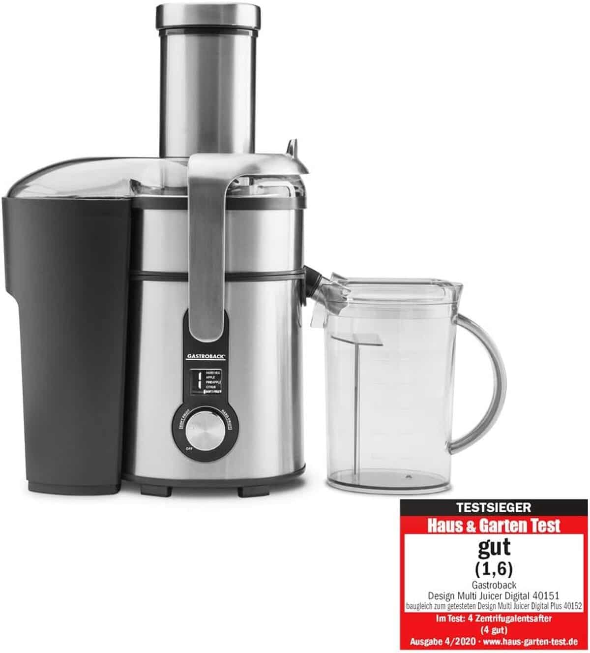 Test de la centrifugeuse Gastroback Multi Juicer Digital 40151 : moteur 1300 W, xXL, 5 vitesses