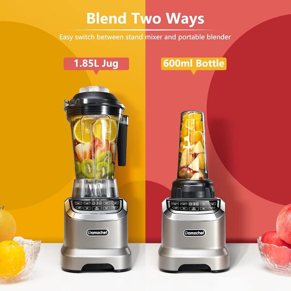 AMZCHEF 2-EN-1 Blender Mixeur 1800W | Blender Professionnel 1,85L et Mini Mixeur Smoothie 600ml | Blender Mixeur Puissant avec Pro-Blend 6 Lames 22000 Tr/Min - Gris [Classe énergétique A+++]