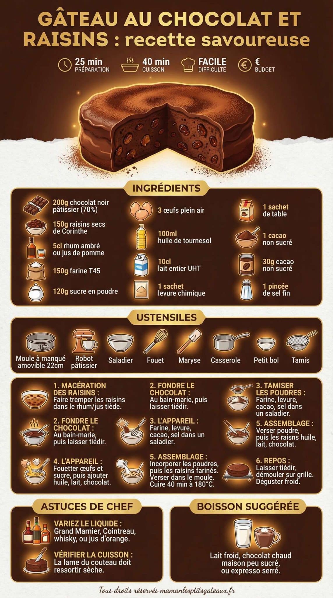 Infographie de la recette Gâteau au chocolat et raisins : recette savoureuse Infographie de la recette Gâteau au chocolat et raisins : recette savoureuse