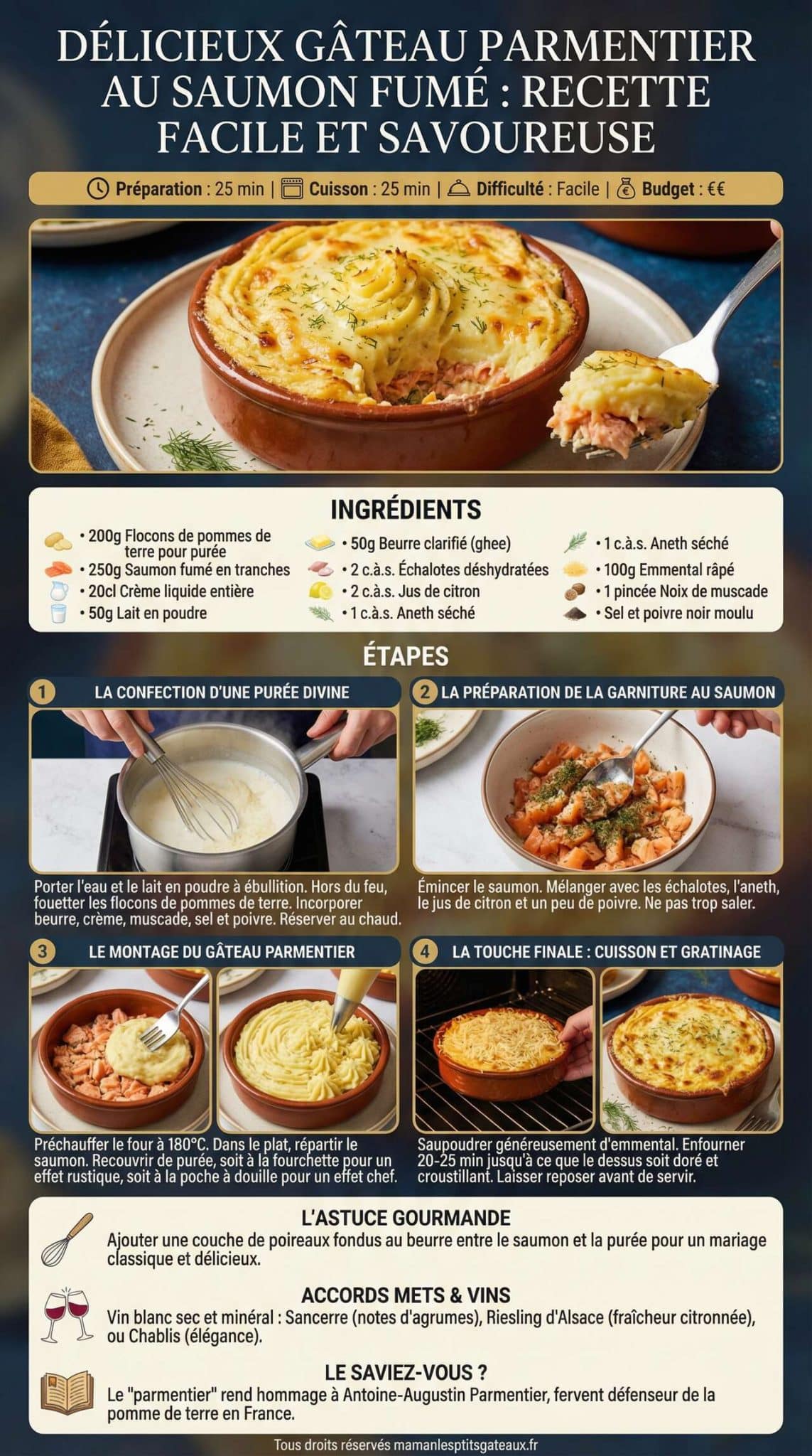 Fiche recette D&eacute;licieux g&acirc;teau parmentier au saumon fum&eacute; : recette facile et savoureuse