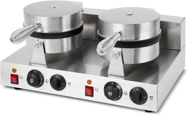 Gaufrier double, Appareil Cornets de Glace Professionnel, 48 Pièces/Heure, 2 Cônes de moulage, Réglable 0-300°C, Minuterie, Anti-Adhérent, Cornetterie en Fonte Boîtier inox, Waffle Maker 2000 W