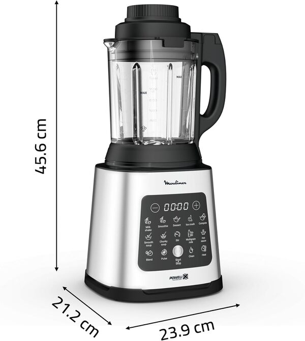 Moulinex Blender chauffant, 1400 W, 10 programmes automatiques, Lames amovibles, Fonction nettoyage en profondeur, Panier vapeur, Perfectmix Cook LM83SD10, Métal