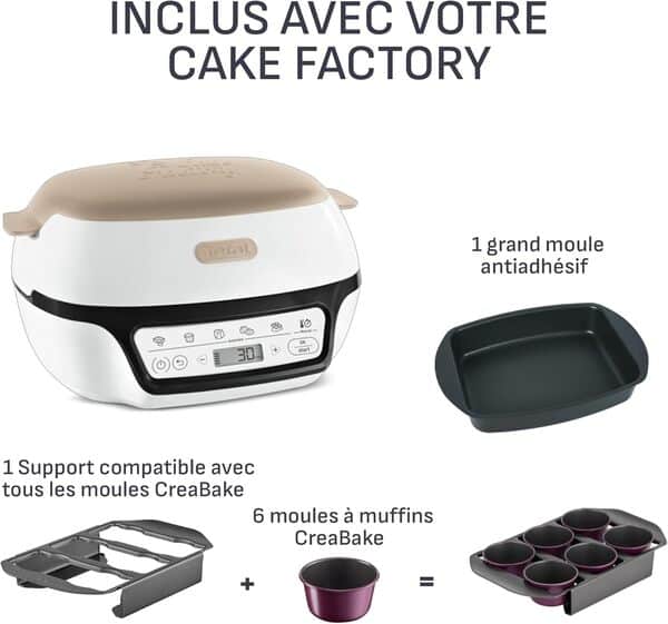 Tefal Machine à gâteau intelligente, 5 programmes automatiques, Réglage idéal de la température et du temps, Moule en aluminium antiadhésif, 6 Moules à muffins Creabake, Cake Factory KD804910