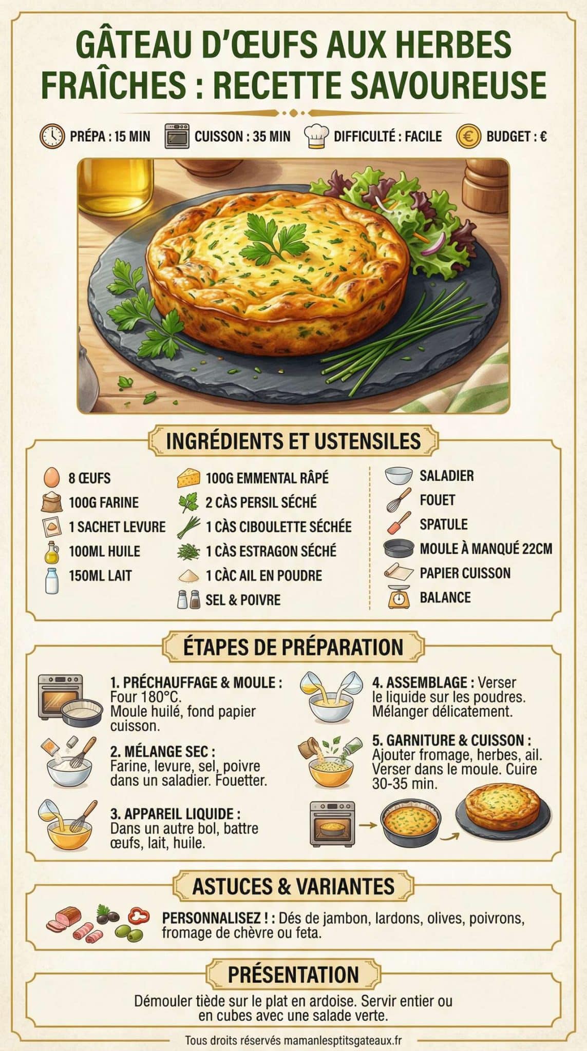 Fiche recette G&acirc;teau d&rsquo;&oelig;ufs aux herbes fra&icirc;ches : recette savoureuse
