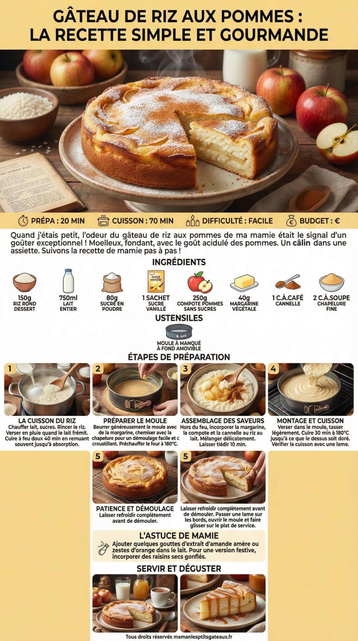 Fiche recette G&acirc;teau de riz aux pommes : la recette simple et gourmande