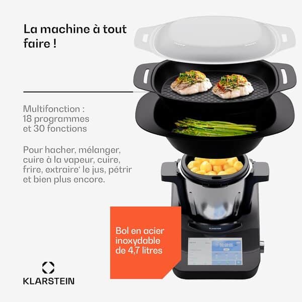 KLARSTEIN Robot Cuisine Multifonctions 4 en 1, 1700W Robot Mixeur avec Hachoir à Viande, Robot de Cuisine Multifonction de 4.7L, Robot Cuiseur, Mixeurs, Batteurs et Robots Multifonctions sur Socle