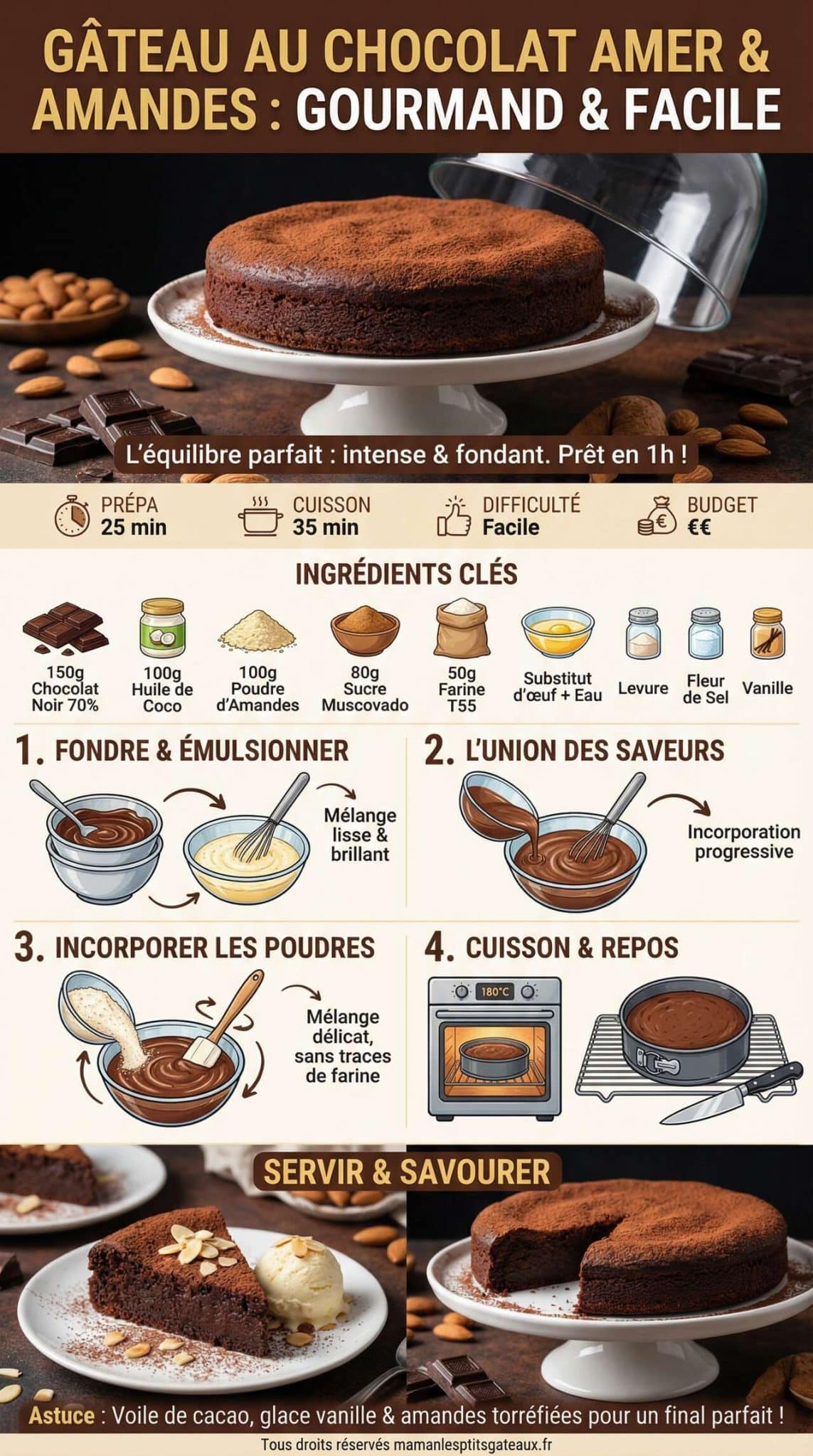 Fiche recette G&acirc;teau au Chocolat Amer et Amandes : recette Gourmande et Facile