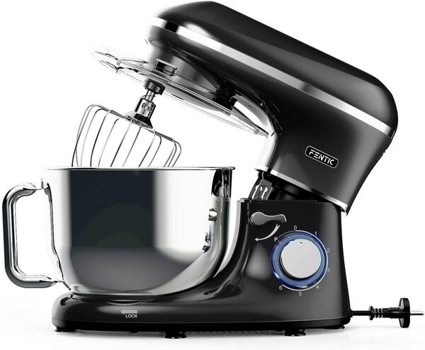 Fentic Robot Pâtissier – 2000W – Bol mélangeur en acier inoxydable (6,2L) – Avec fouet, Crochet pétrisseur et Batteur plat – Incl. et accessoires supplémentaires (Noir)
