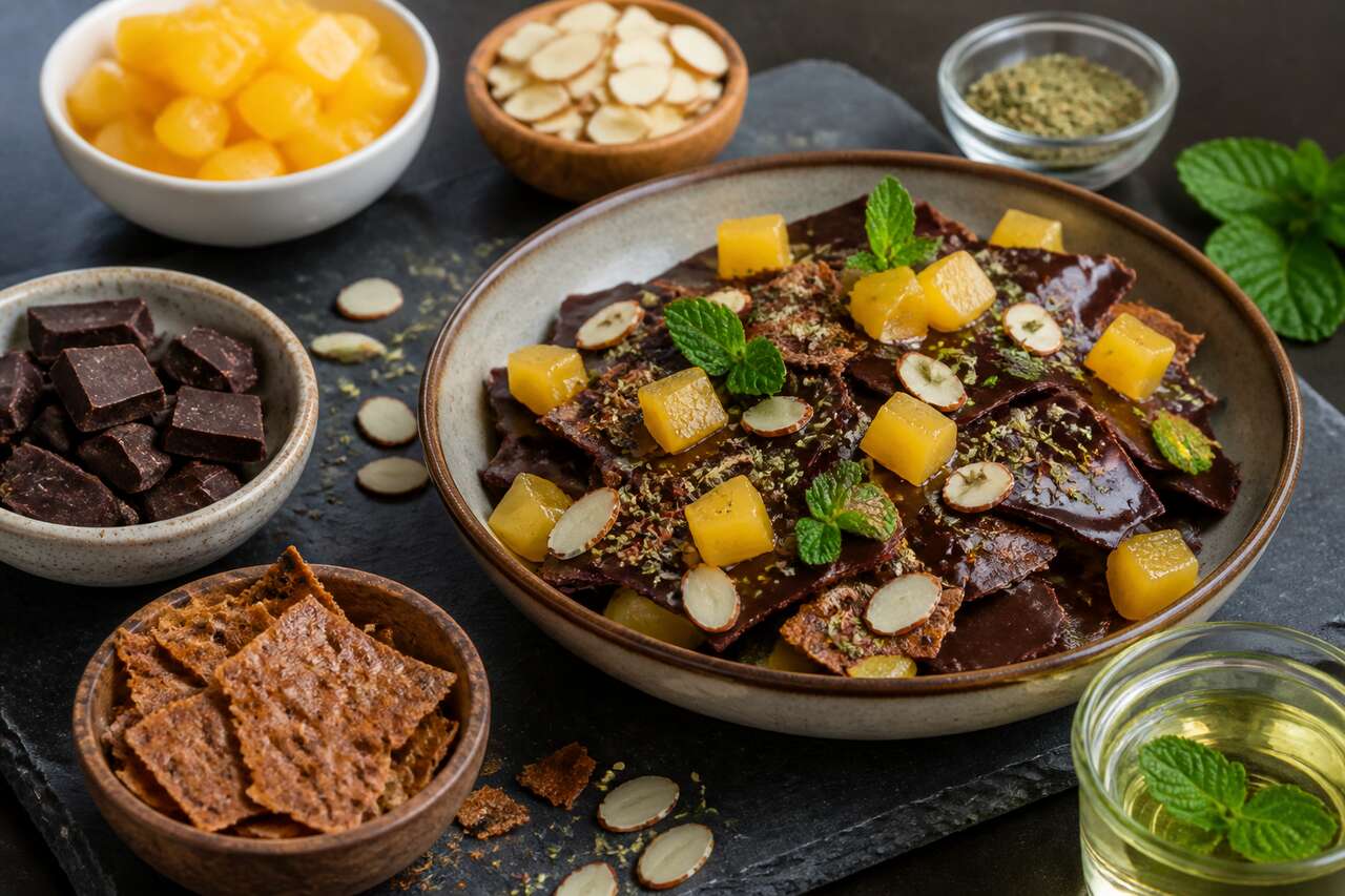 Croquant au chocolat infusé à la menthe et dés de pêche : recette gourmande