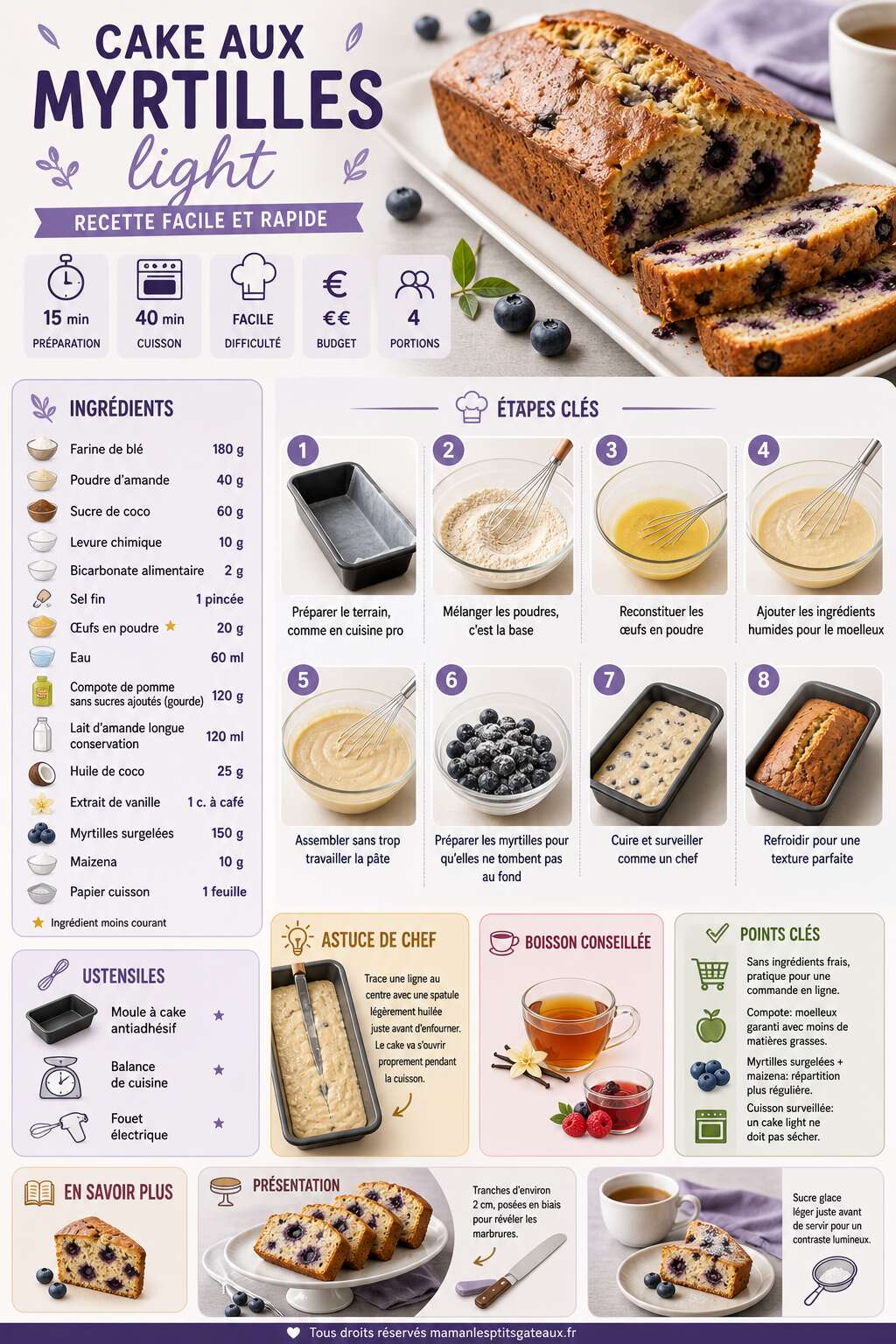 Fiche recette Cake aux myrtilles light : recette facile et rapide