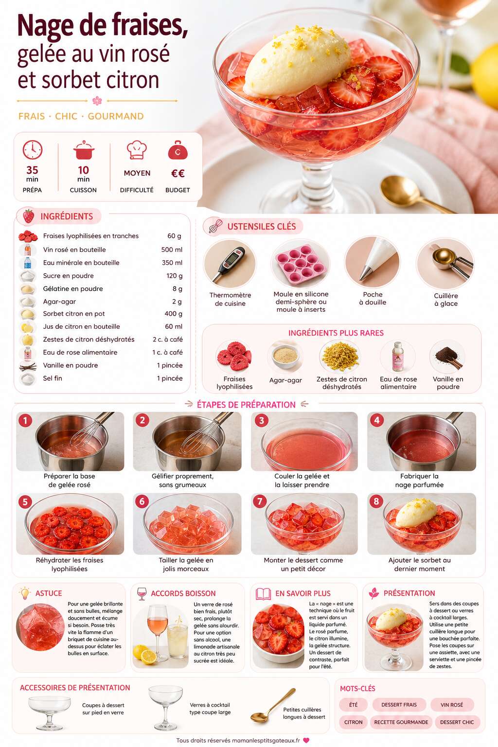 Fiche recette Nage de fraises, gel&eacute;e au vin ros&eacute; et sorbet citron : recette gourmande