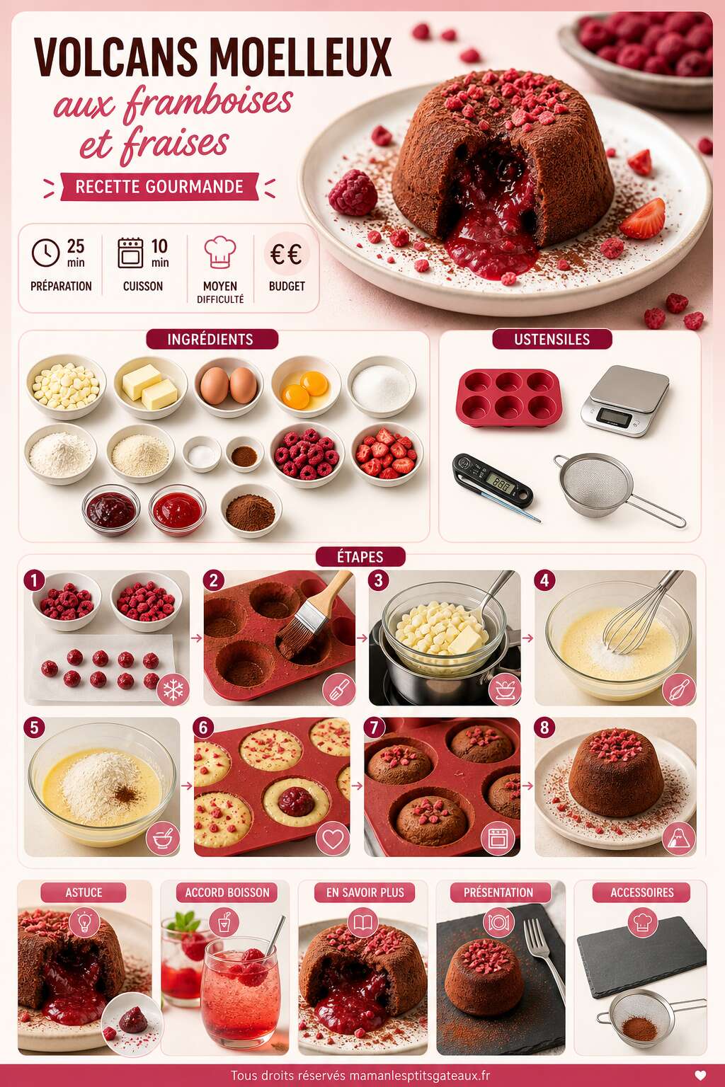 Fiche recette Volcans moelleux aux framboises et fraises : recette gourmande
