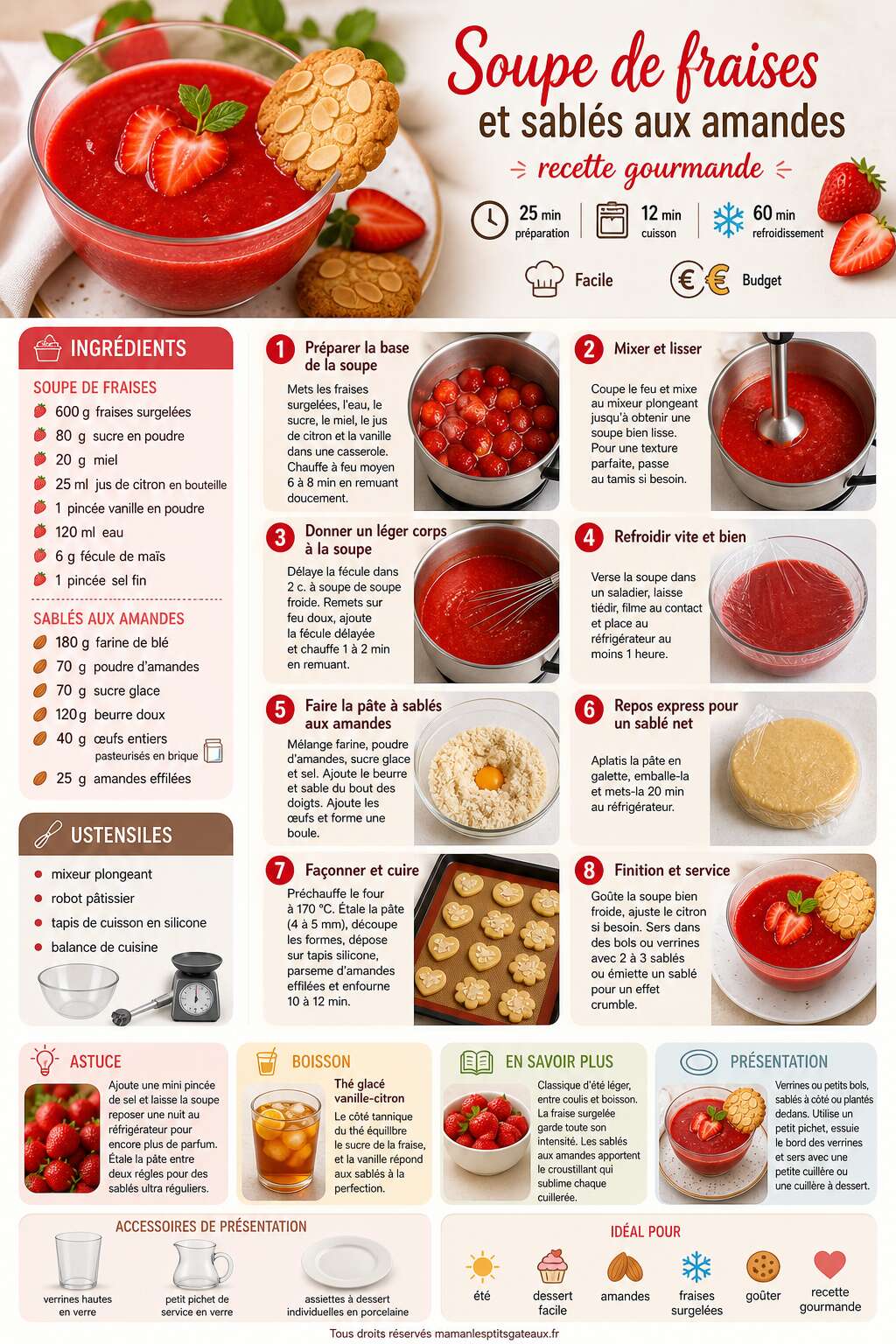 Fiche recette Soupe de fraises et sabl&eacute;s aux amandes : recette gourmande