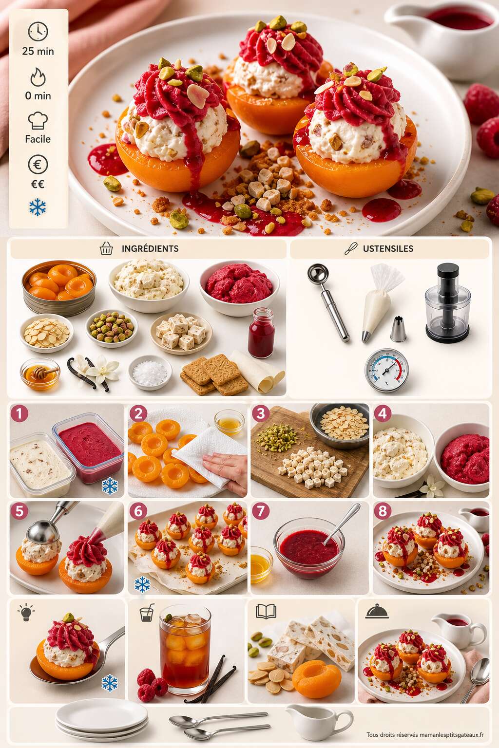 Fiche recette Abricots farcis : recette cr&egrave;me glac&eacute;e nougat et sorbet framboise