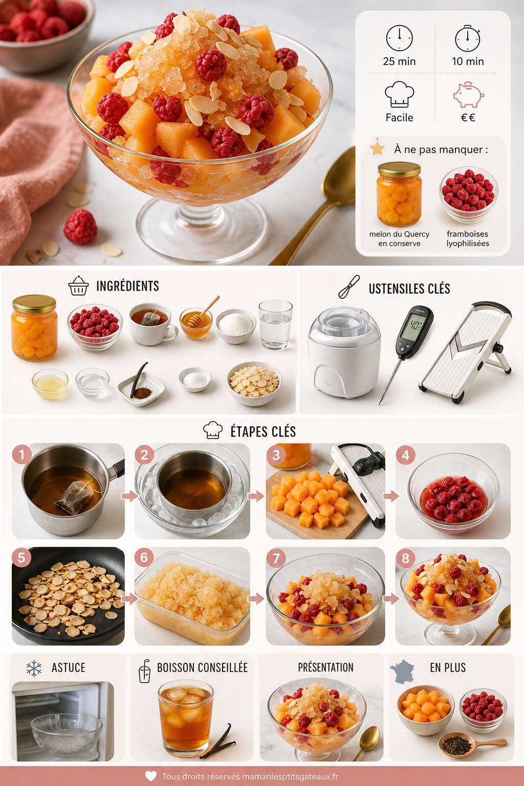 Fiche recette Salade glac&eacute;e de melon du Quercy et framboises au th&eacute;