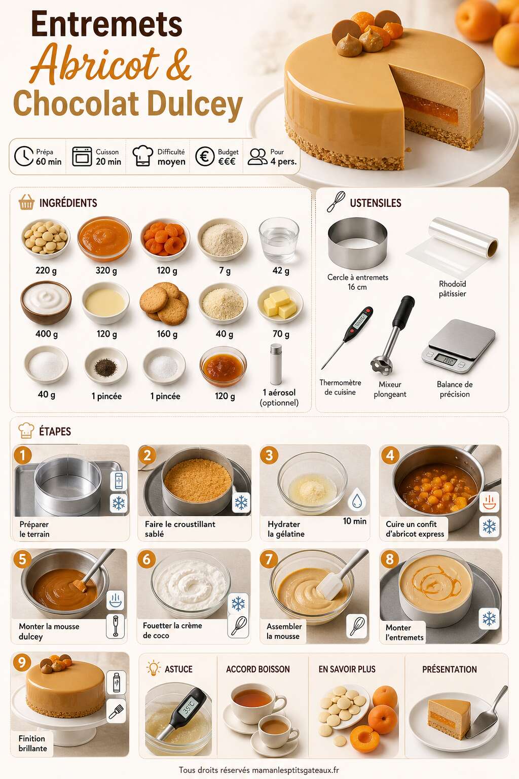 Fiche recette Recette d'entremets abricot et chocolat Dulcey