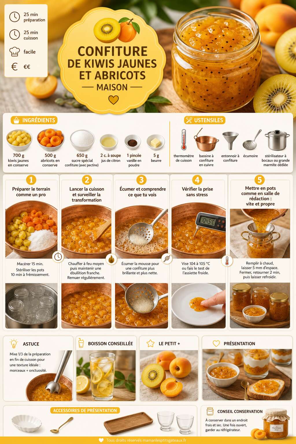 Fiche recette Confiture de kiwis jaunes et abricots maison : recette savoureuse
