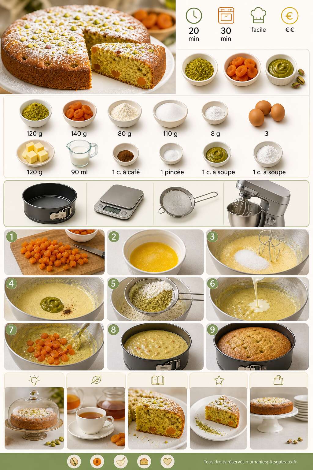 Fiche recette Recette du moelleux aux pistaches et abricots Fiche recette Recette du moelleux aux pistaches et abricots