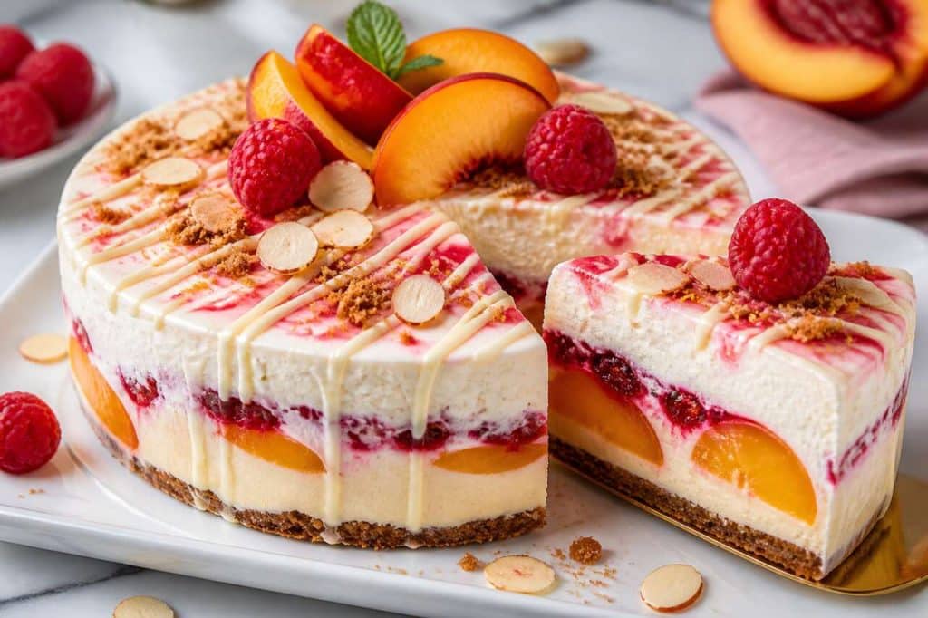 Recette d'entremets pêche Melba : pêche, framboise et vanille