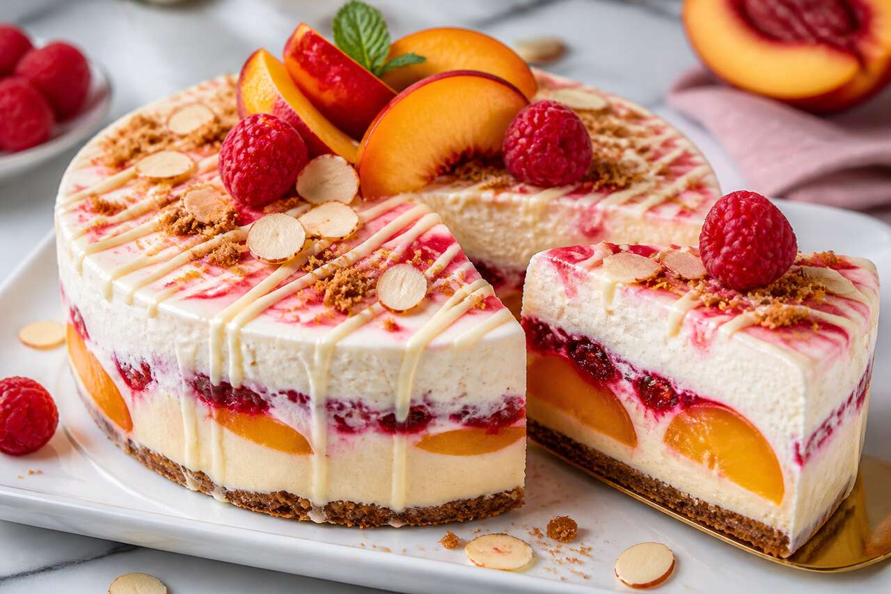 Recette d'entremets pêche Melba : pêche, framboise et vanille