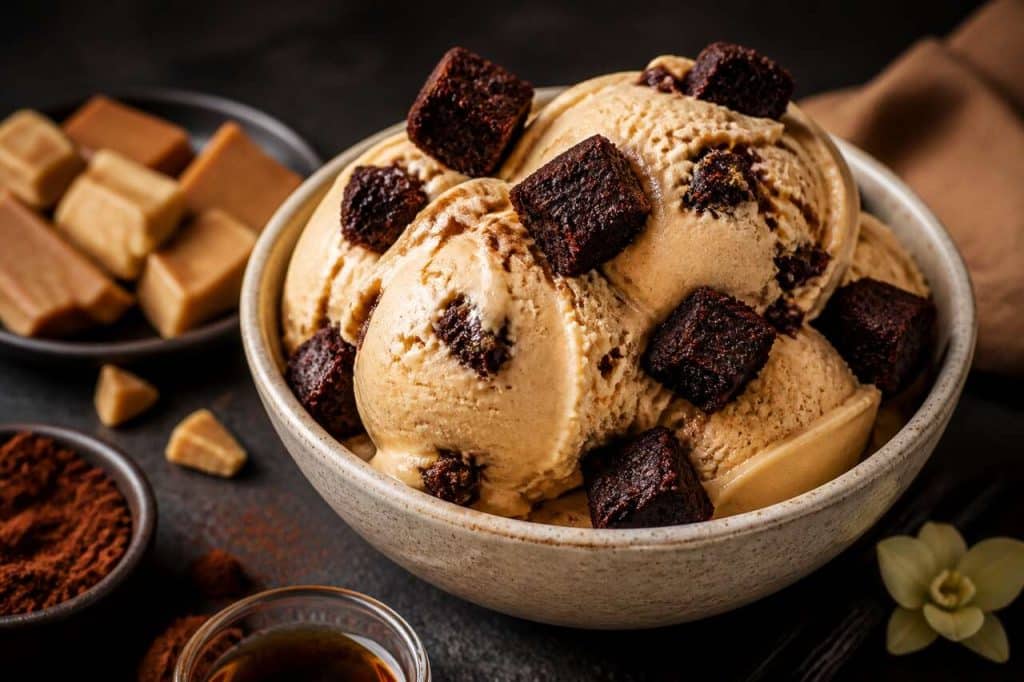 Recette de glace au Dulcey avec éclats de brownie