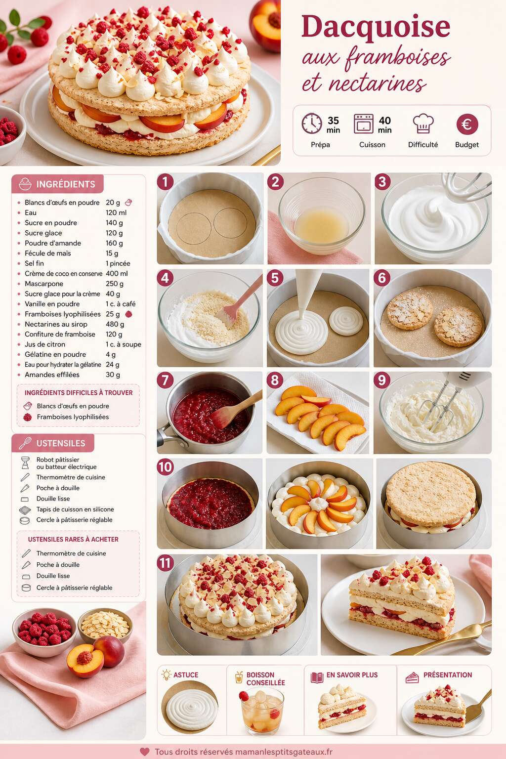 Fiche recette Recette de dacquoises aux framboises et nectarines Fiche recette Recette de dacquoises aux framboises et nectarines