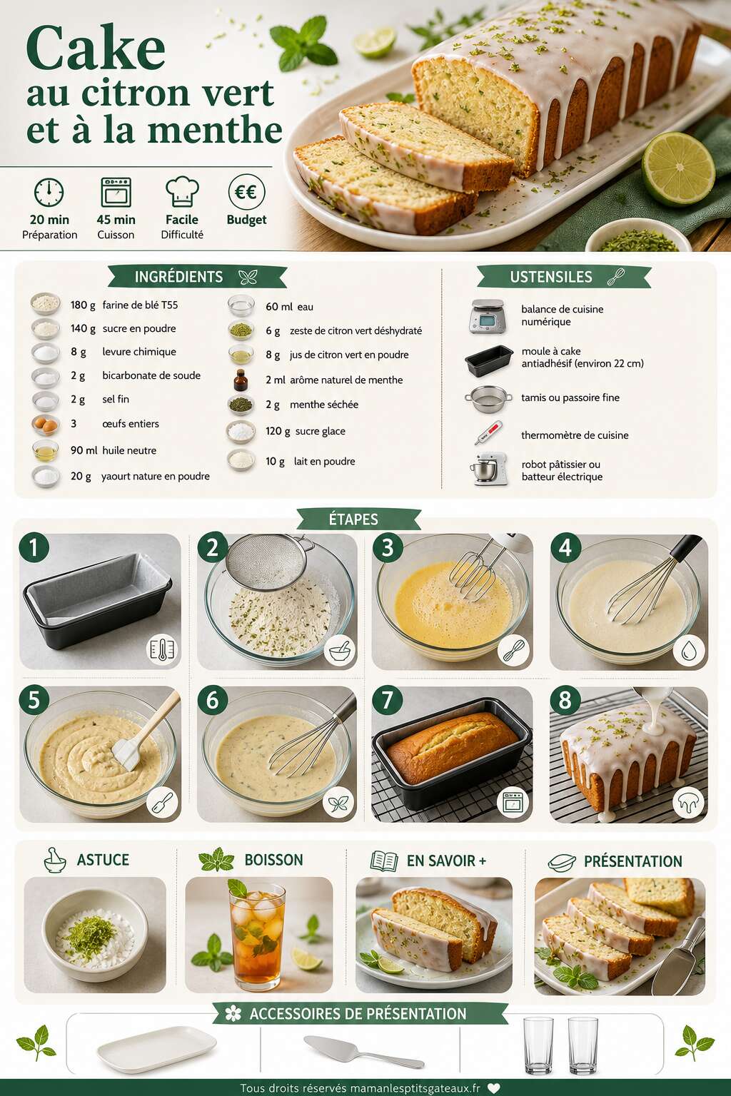 Fiche recette Recette du cake au citron vert et à la menthe Fiche recette Recette du cake au citron vert et à la menthe