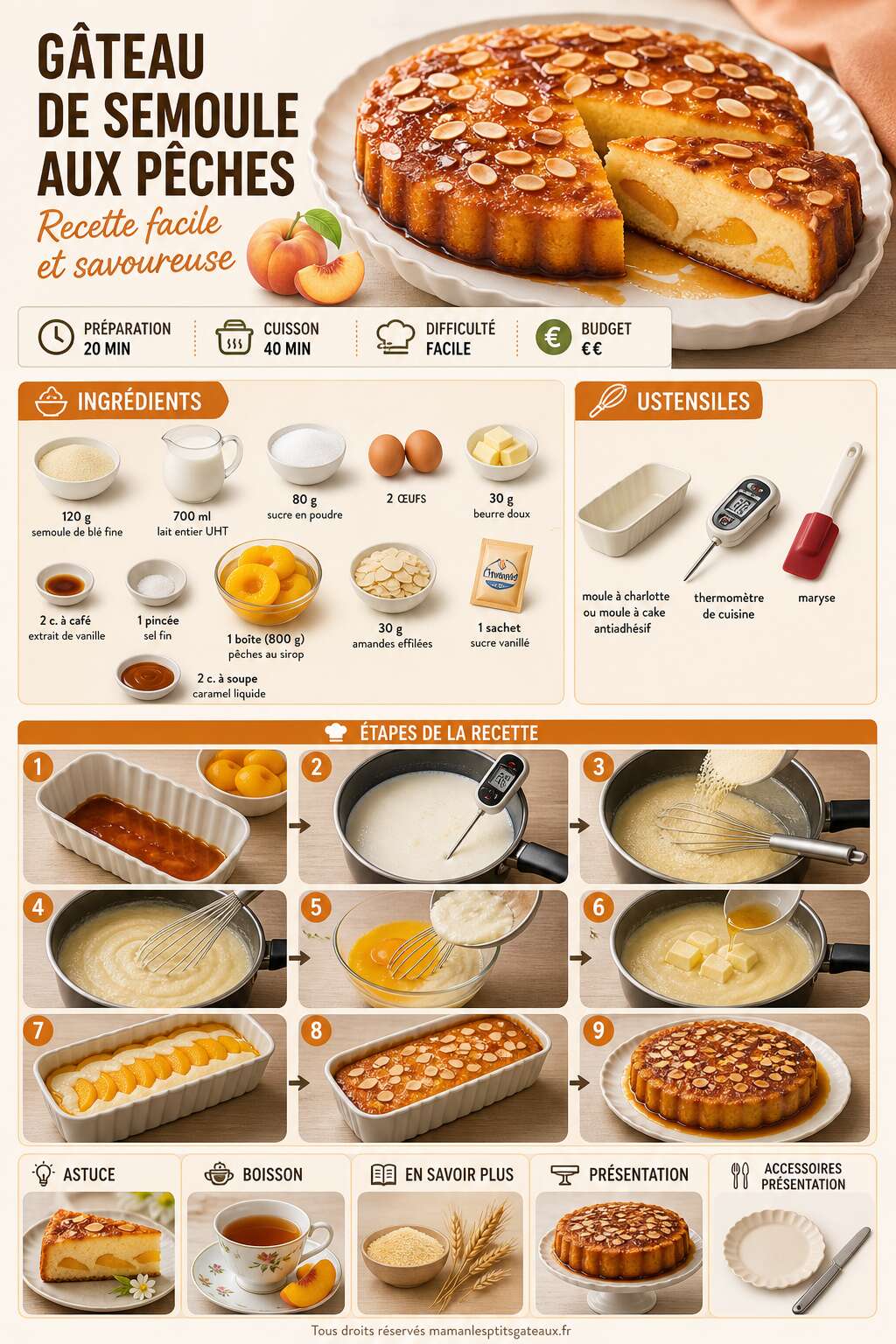 Fiche recette G&acirc;teau de semoule aux p&ecirc;ches : recette facile et savoureuse