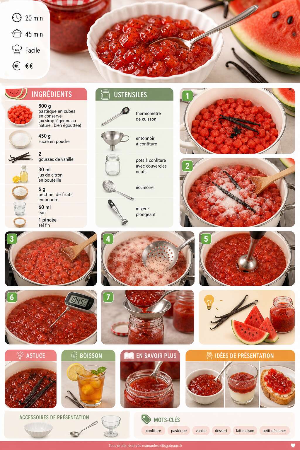 Fiche recette Confiture de pastèque à la vanille : recette savoureuse Fiche recette Confiture de pastèque à la vanille : recette savoureuse