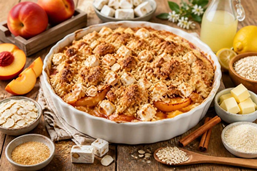 Crumble aux nectarines et nougat : recette gourmande