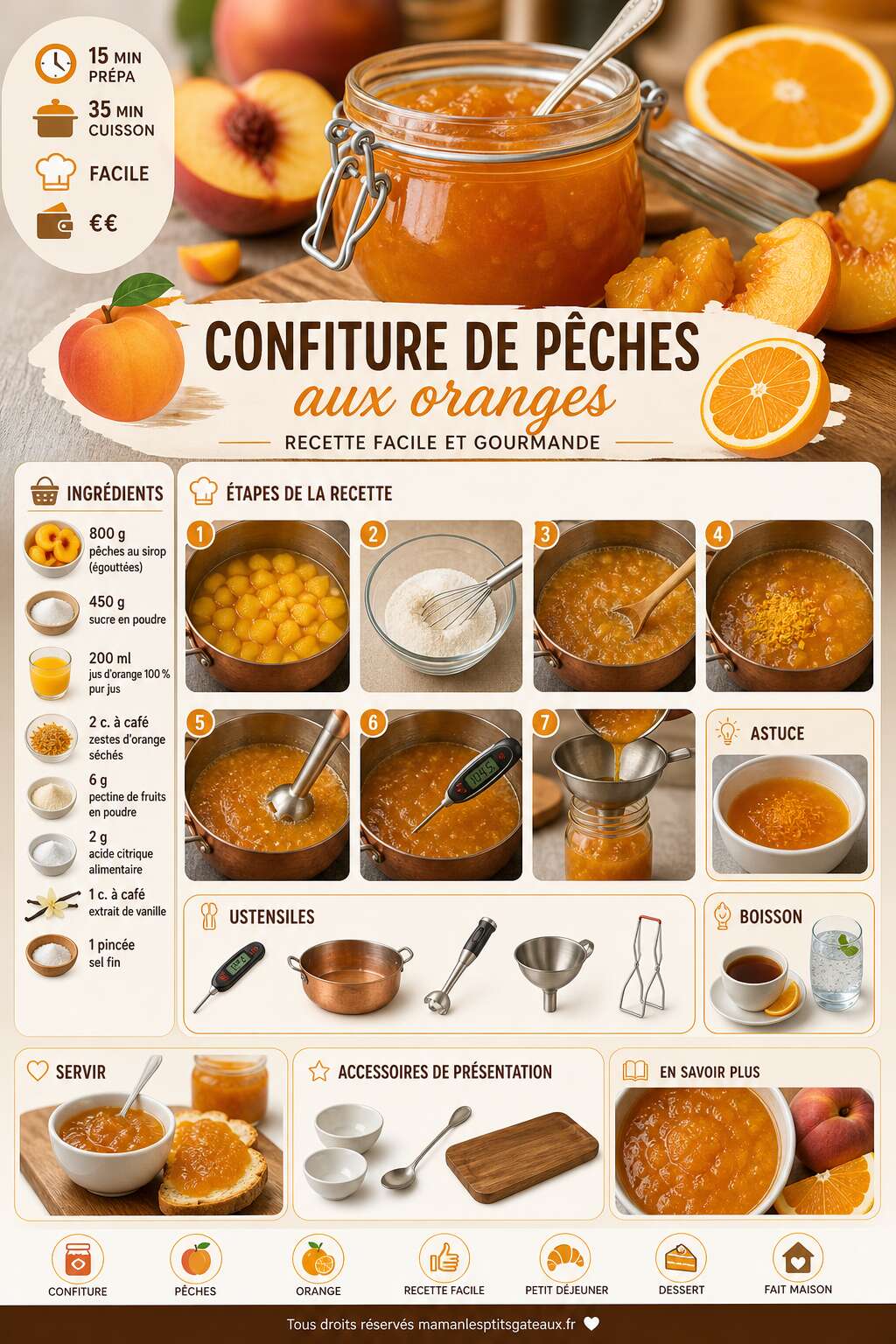 Fiche recette Confiture de pêches aux oranges : recette facile et gourmande Fiche recette Confiture de pêches aux oranges : recette facile et gourmande