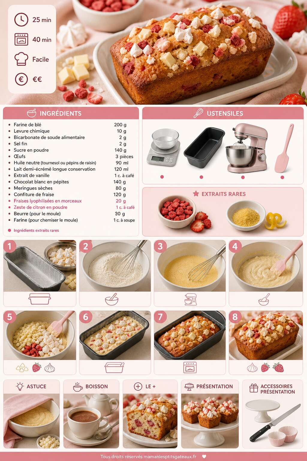 Fiche recette Cakes fraises, chocolat blanc & meringues : recette gourmande Fiche recette Cakes fraises, chocolat blanc & meringues : recette gourmande