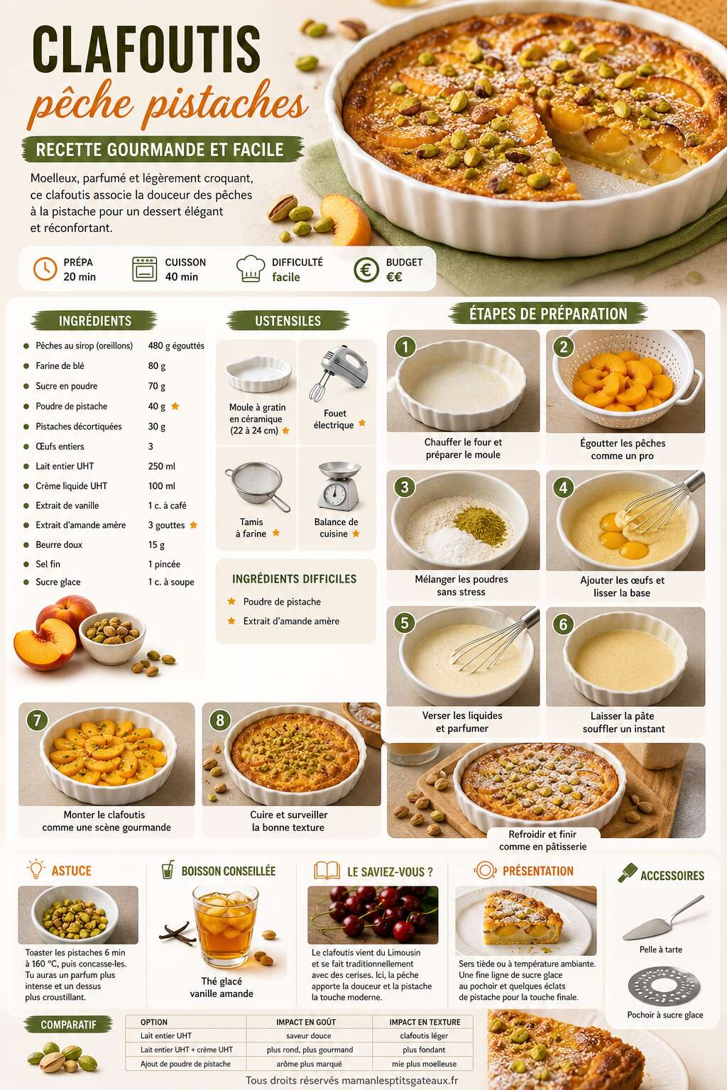 Fiche recette Clafoutis p&ecirc;che pistaches : recette gourmande et facile