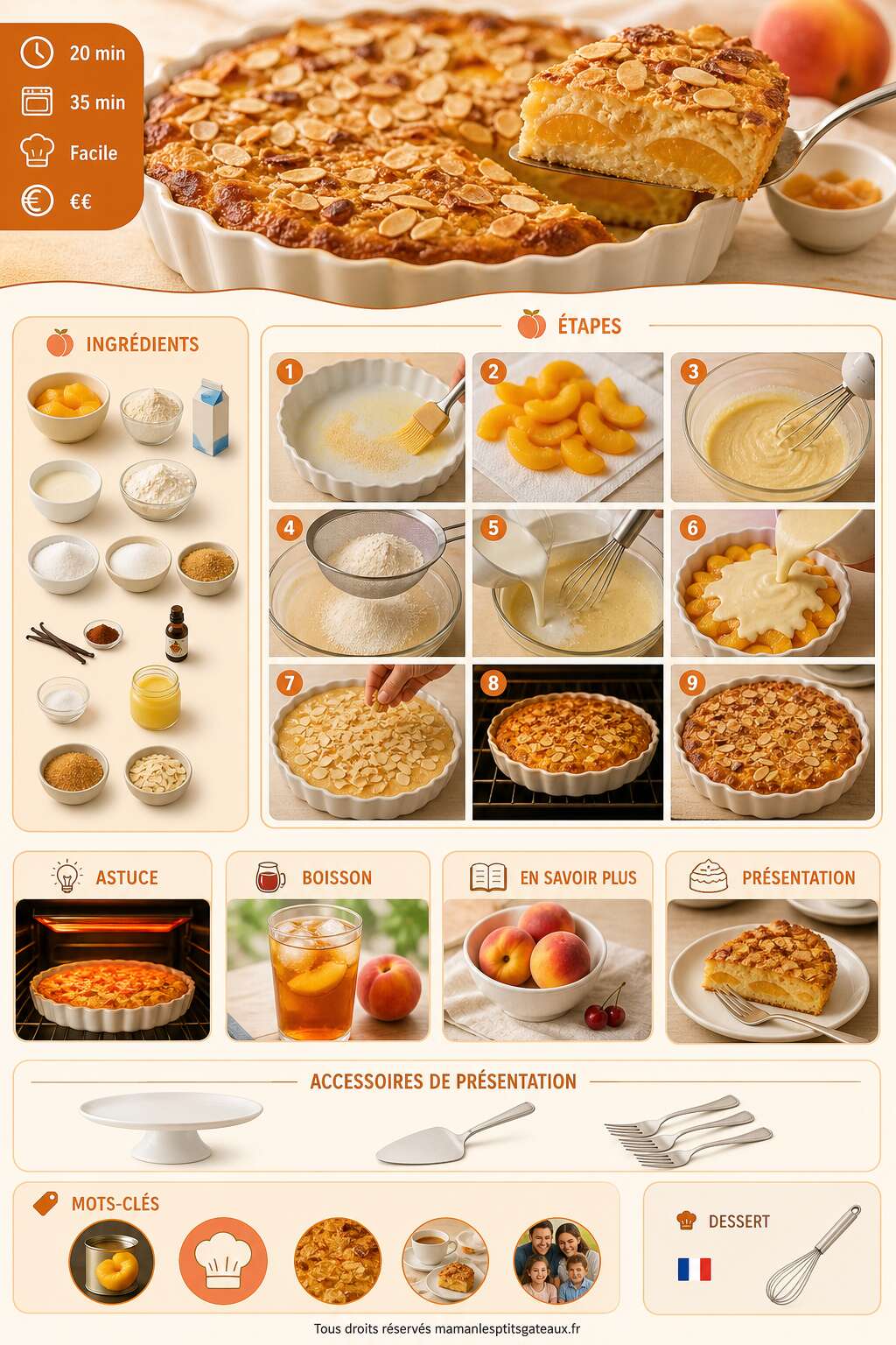 Fiche recette Clafoutis croustillant aux p&ecirc;ches : une recette d&eacute;licieuse