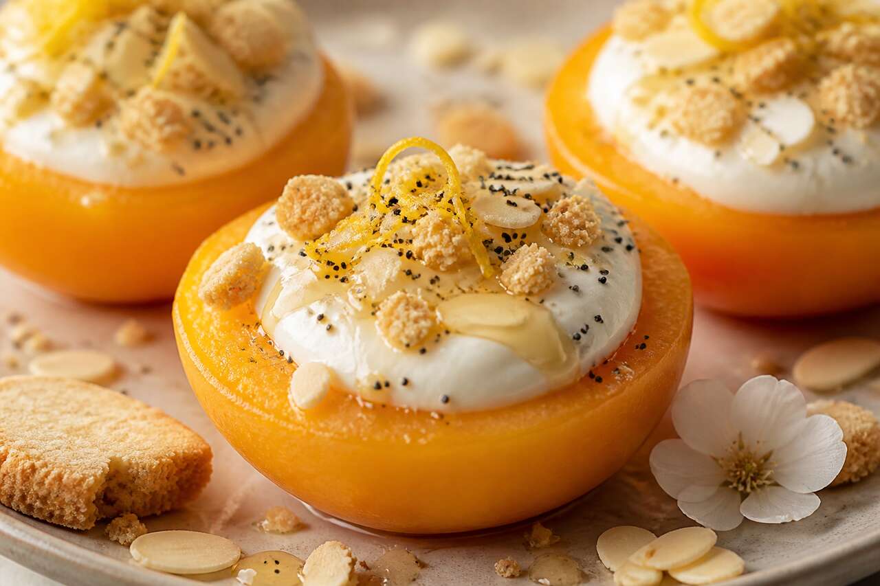 Pêches farcies au kéfir et pavot : une recette gourmande