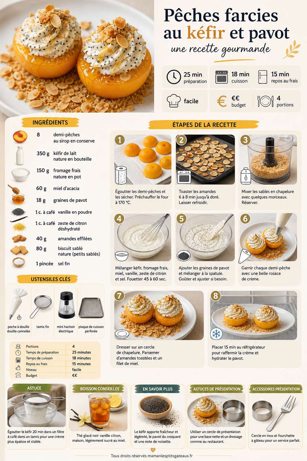 Fiche recette Pêches farcies au kéfir et pavot : une recette gourmande Fiche recette Pêches farcies au kéfir et pavot : une recette gourmande