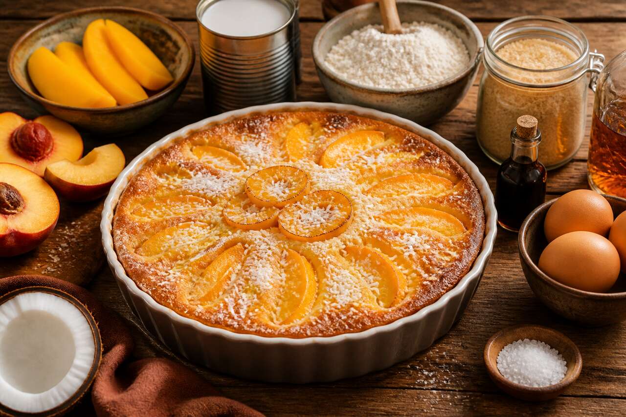 Clafoutis mangue, pêches et noix de coco : recette exotique