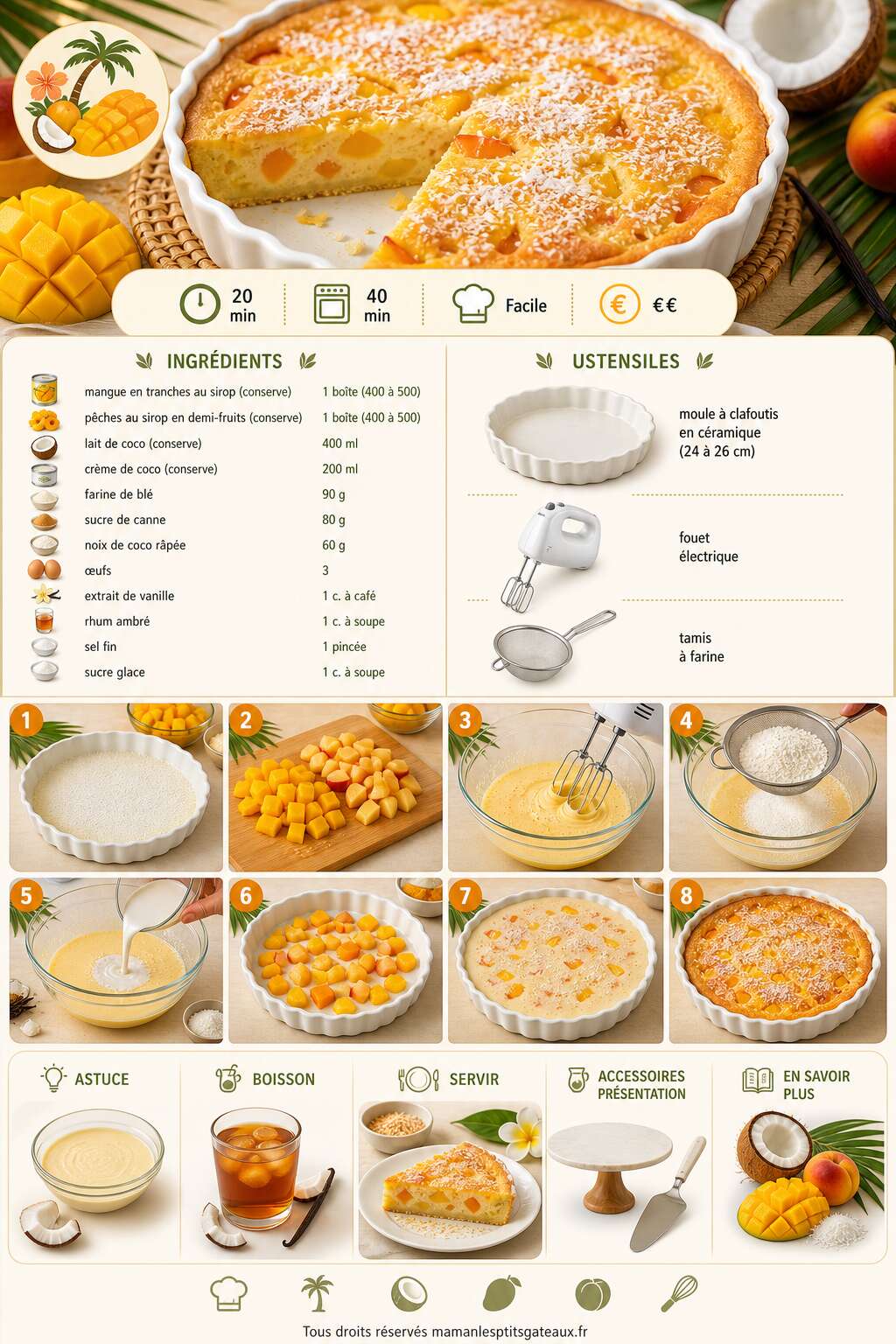 Fiche recette Clafoutis mangue, pêches et noix de coco : recette exotique Fiche recette Clafoutis mangue, pêches et noix de coco : recette exotique