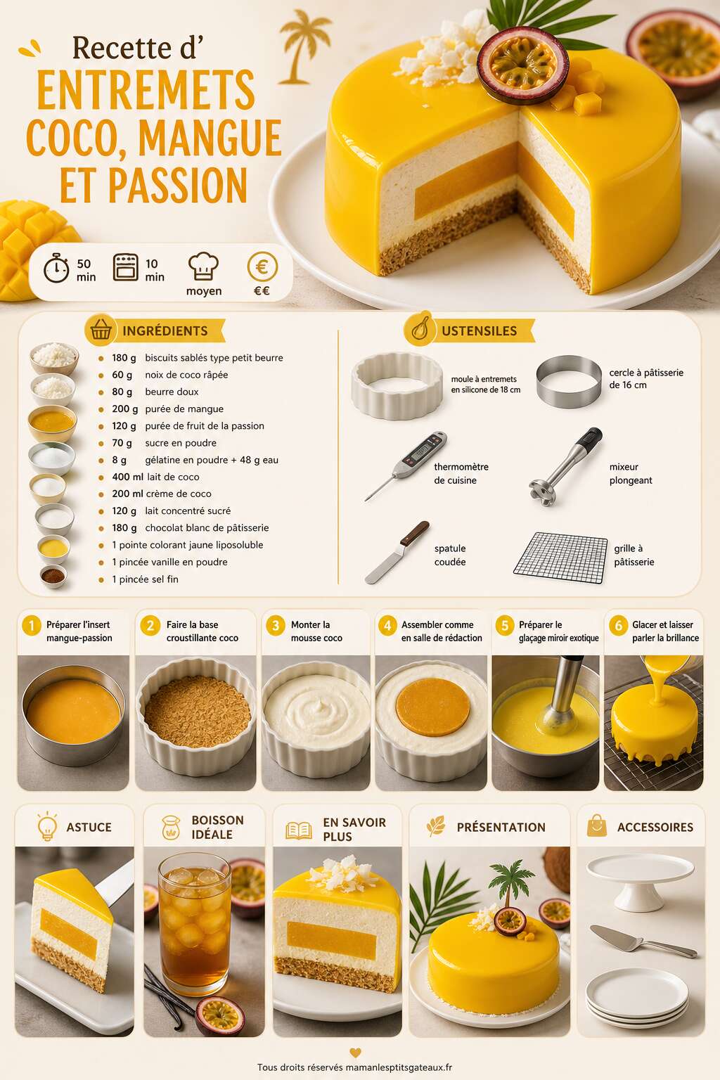 Fiche recette Recette d'entremets coco, mangue et passion Fiche recette Recette d'entremets coco, mangue et passion