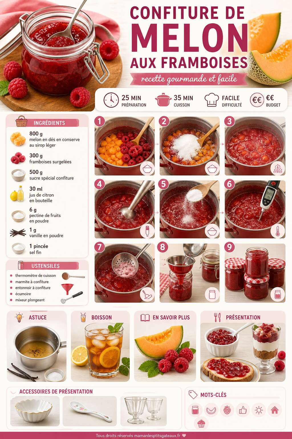 Fiche recette Confiture de melon aux framboises : recette gourmande et facile Fiche recette Confiture de melon aux framboises : recette gourmande et facile