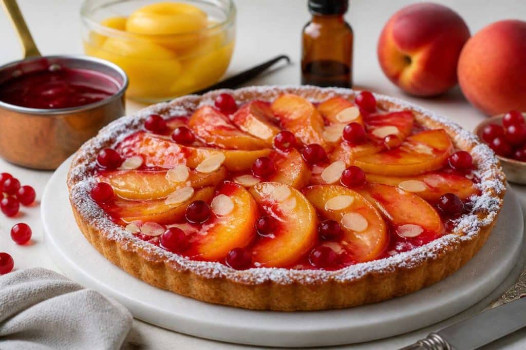 Tarte aux pêches et gelée de groseille : recette gourmande